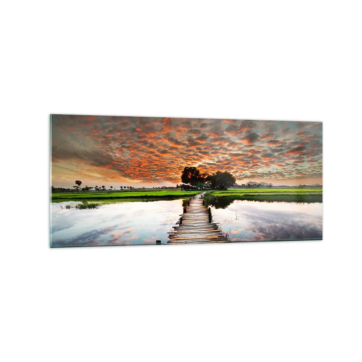 Cuadro sobre vidrio - Impresiones sobre Vidrio - Puente de madera sobre el agua al atardecer - 120x50cm - Extiende tus brazos - respira  - Decoración de pared moderna para salón y dormitorio ARTTOR