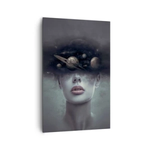 Cuadro sobre lienzo - Impresión de Imagen - Un rostro de mujer con un motivo de planeta y espacio en el fondo. - 80x120cm - Y los planetas sienten... - Decoración de pared moderna para salón y dormitorio ARTTOR