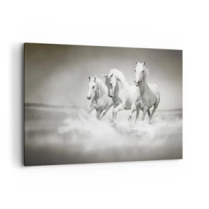 Cuadro sobre lienzo - Impresión de Imagen - Tres caballos blancos galopando por el agua - 120x80cm - Locura blanca - Decoración de pared moderna para salón y dormitorio ARTTOR