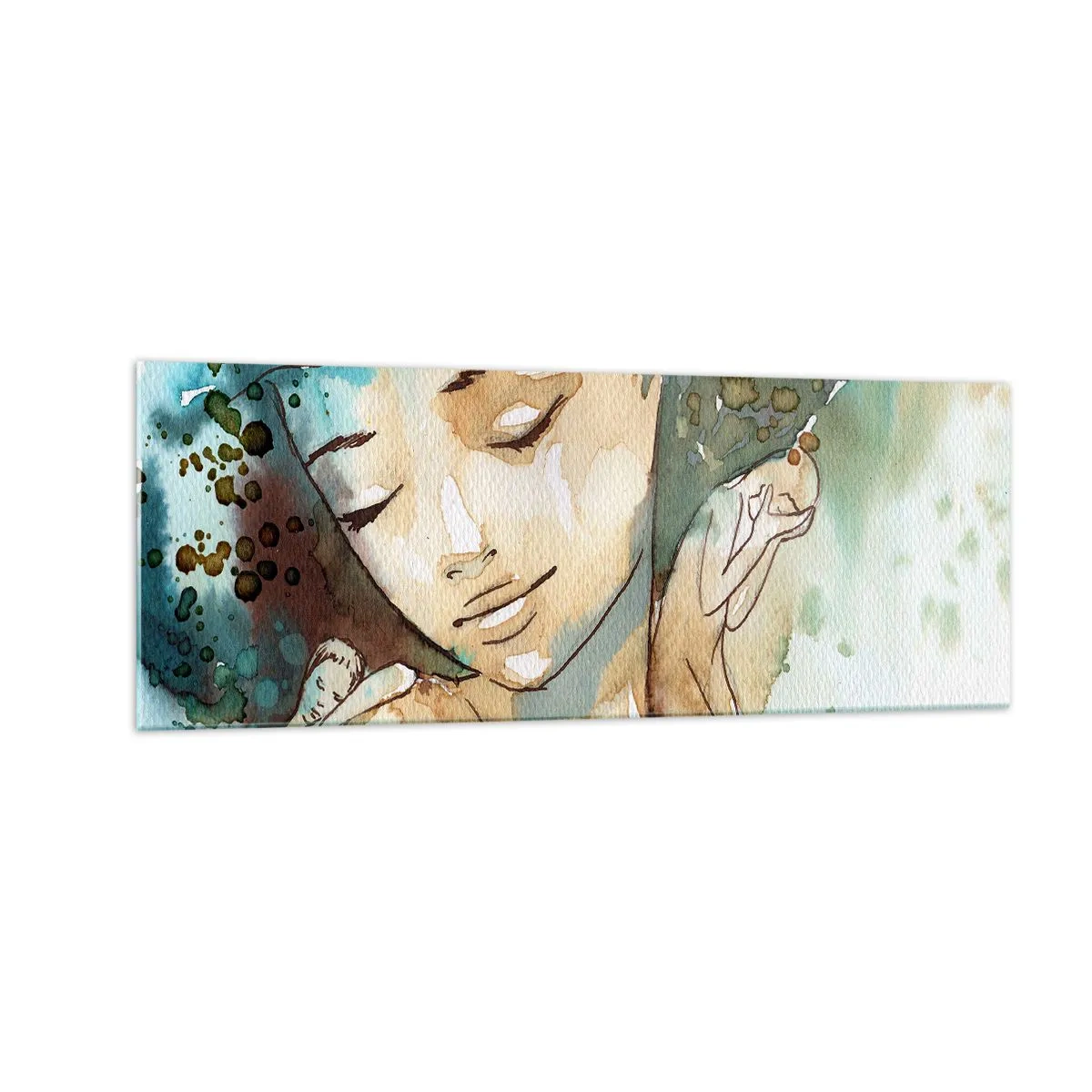 Cuadro sobre vidrio - Impresiones sobre Vidrio - Retrato de una mujer en delicados colores de acuarela. - 140x50cm - Dama de azul - Decoración de pared moderna para salón y dormitorio ARTTOR