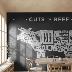 Fotomural Premium Sand - Diagrama de corte de carne de res sobre un fondo negro vintage - 100x70cm - Manual del carnicero - Decoración de pared moderna para salón y dormitorio ARTTOR