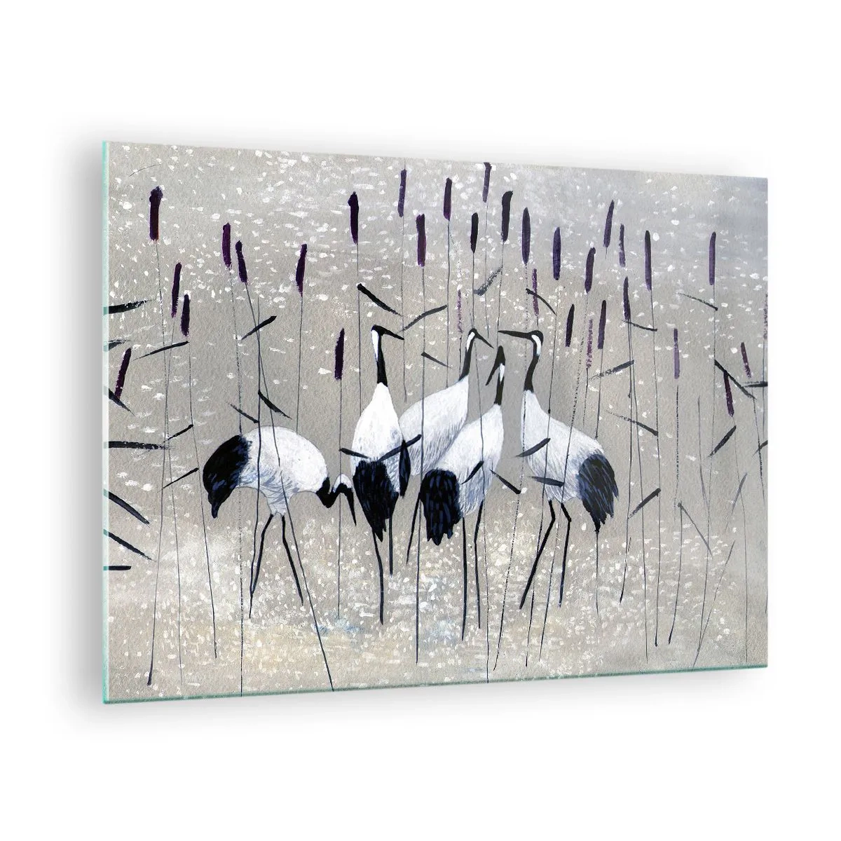 Cuadro sobre vidrio - Impresiones sobre Vidrio - Cuatro grullas entre los juncos junto al lago - 70x50cm - Entre los suyos - Decoración de pared moderna para salón y dormitorio ARTTOR