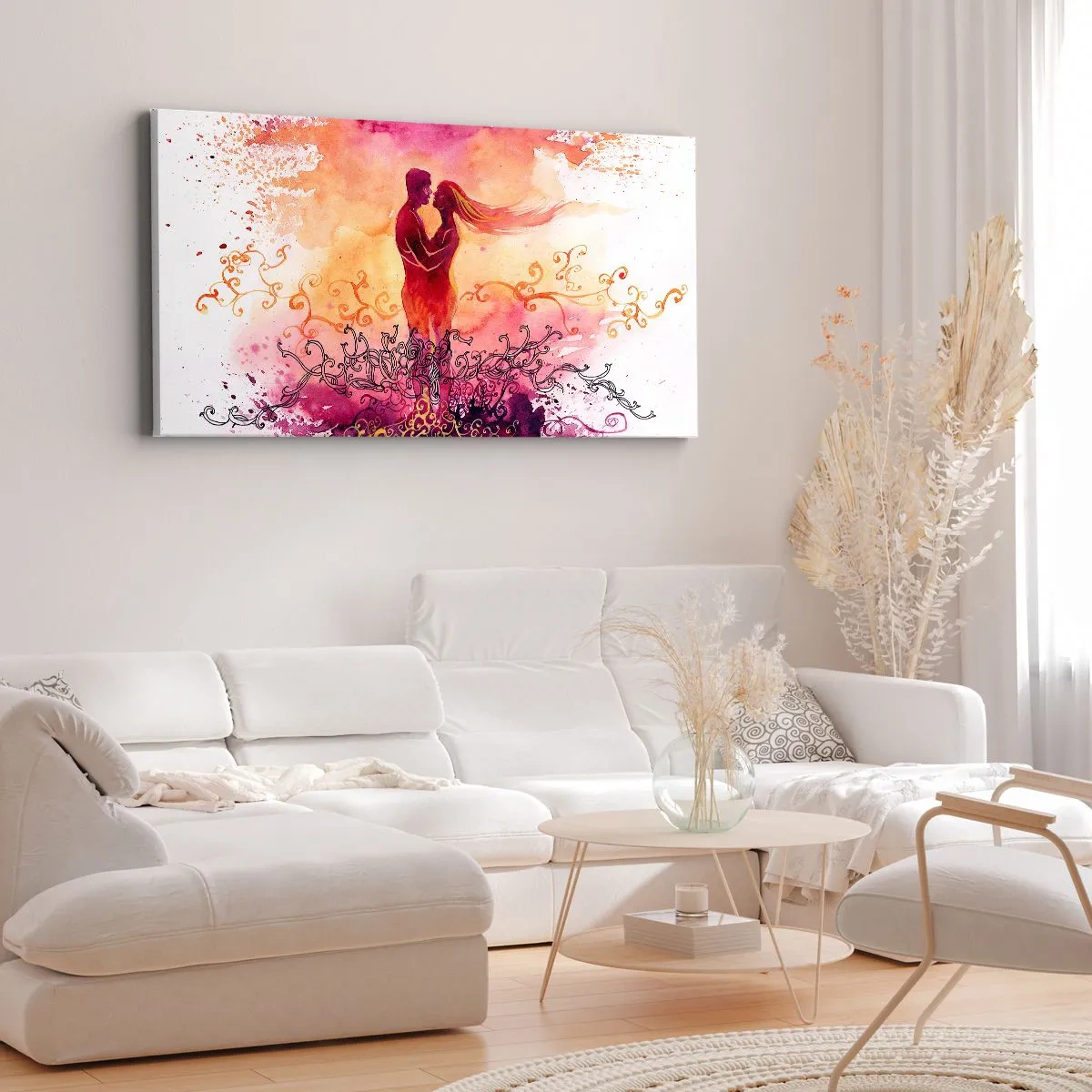 Cuadro sobre lienzo - Impresión de Imagen - Una pareja abrazándose sobre un patrón abstracto rosa y naranja. - 160x50cm - ¡Un solo corazón! Necesito tan poco para ser feliz… - Decoración de pared moderna para salón y dormitorio ARTTOR