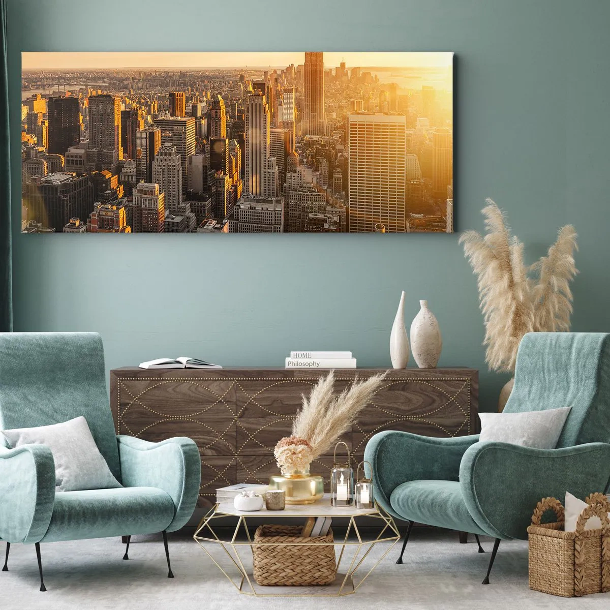 Cuadro sobre lienzo - Impresión de Imagen - El horizonte de la ciudad de Nueva York al atardecer con vistas al Empire State Building - 120x50cm - Creciendo al sol - Decoración de pared moderna para salón y dormitorio ARTTOR