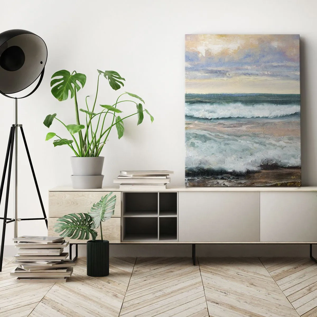 Cuadro sobre lienzo - Impresión de Imagen - Olas del mar contra un cielo nublado al atardecer - 50x70cm - Aquí suavizarás tu alma - Decoración de pared moderna para salón y dormitorio ARTTOR