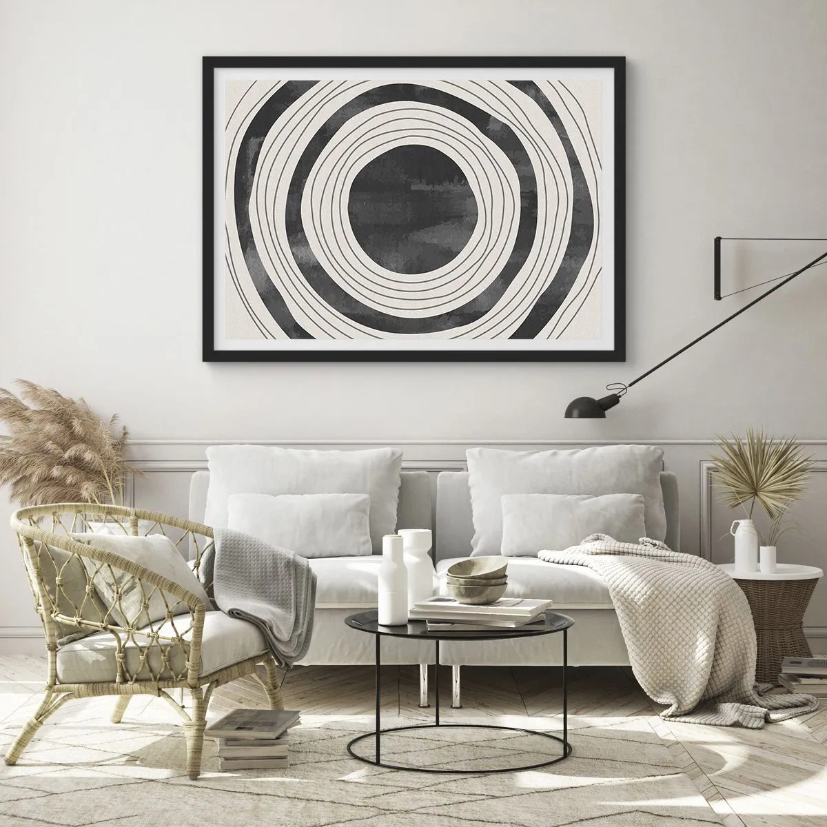 Póster en marco negro - Círculos concéntricos en blanco y negro sobre un fondo claro - 70x50cm - En el centro mismo - Decoración de pared moderna para salón y dormitorio ARTTOR