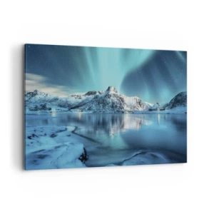 Cuadro sobre lienzo - Impresión de Imagen - Aurora boreal sobre montañas nevadas y un lago - 120x80cm - Una noche de luz - Decoración de pared moderna para salón y dormitorio ARTTOR