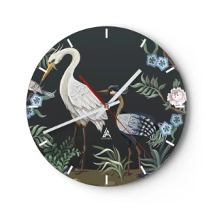 Reloj de pared - Reloj de vidrio - Pájaros decorativos entre plantas sobre un fondo oscuro. - 30x30cm - Desfile de aves - Decoración de pared moderna para salón, cocina y dormitorio ARTTOR