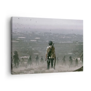 Cuadro sobre lienzo - Impresión de Imagen - Una figura con una pistola se encuentra frente a un grupo en un paisaje distópico. - 70x50cm - Soy leyenda - Decoración de pared moderna para salón y dormitorio ARTTOR