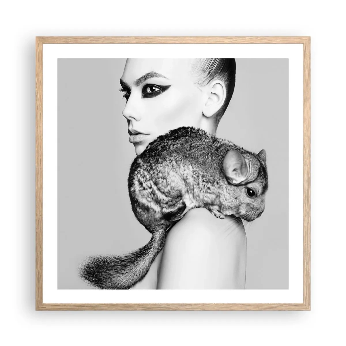 Póster en marco roble claro - Dama con chinchilla - 60x60 cm