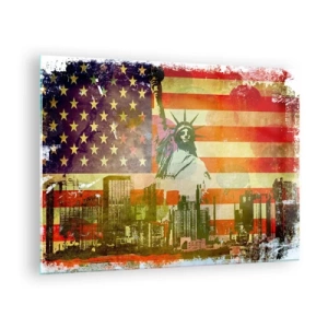 Cuadro sobre vidrio - Impresiones sobre Vidrio - Bandera de Estados Unidos con la silueta de la Estatua de la Libertad y el paisaje urbano - 70x50cm - ¡Viva América! - Decoración de pared moderna para salón y dormitorio ARTTOR
