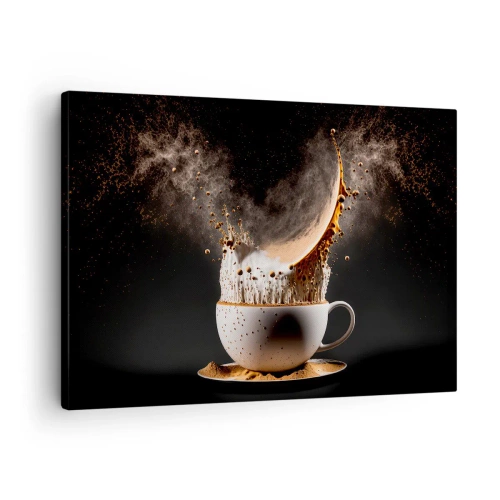 Cuadro sobre lienzo - Impresión de Imagen - Una taza de café con una explosión dinámica de líquido sobre un fondo negro. - 70x50cm - Una explosión de sabor - Decoración de pared moderna para salón y dormitorio ARTTOR