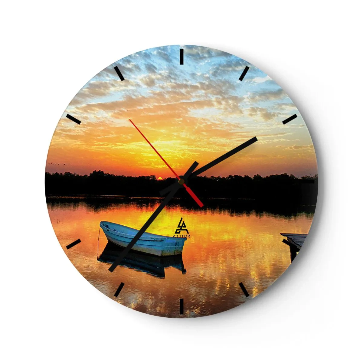 Reloj de pared - Reloj de vidrio - Un barco en aguas tranquilas al atardecer. - 30x30cm - Mirar, escuchar, meditar - Decoración de pared moderna para salón, cocina y dormitorio ARTTOR