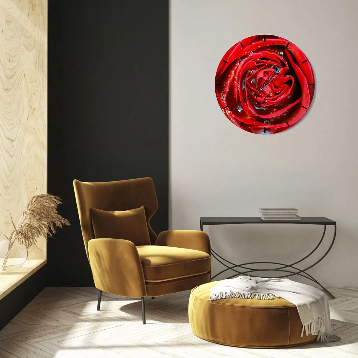 Reloj de pared - Reloj de vidrio - Un primer plano de una rosa roja cubierta de gotas de agua. - 30x30cm - En gotas de rocío - Decoración de pared moderna para salón, cocina y dormitorio ARTTOR