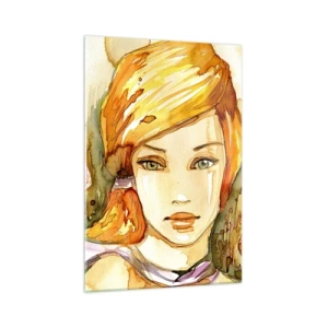 Cuadro sobre vidrio - Impresiones sobre Vidrio - Retrato de una mujer en colores de acuarela con una mirada intensa. - 70x100cm - Una mirada que calma el alma - Decoración de pared moderna para salón y dormitorio ARTTOR