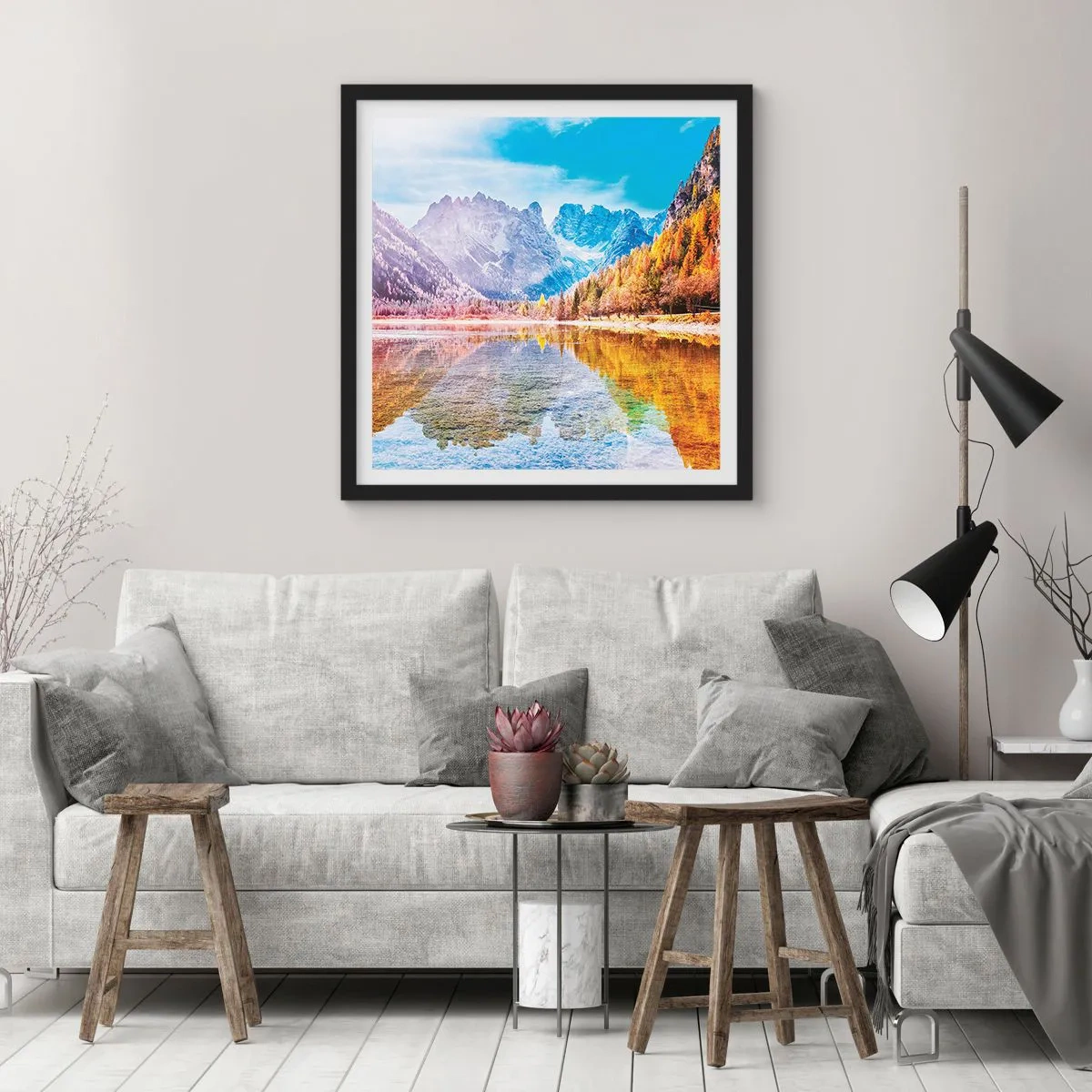 Póster en marco negro - Ya es otoño en las montañas - 50x50 cm
