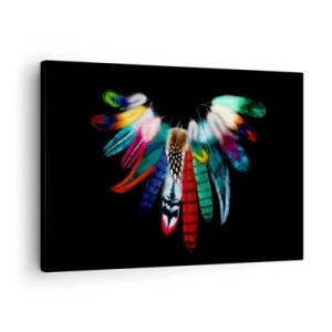 Cuadro sobre lienzo - Impresión de Imagen - Plumas de colores sobre un fondo negro en una composición artística. - 70x50cm - Collar indio - Decoración de pared moderna para salón y dormitorio ARTTOR