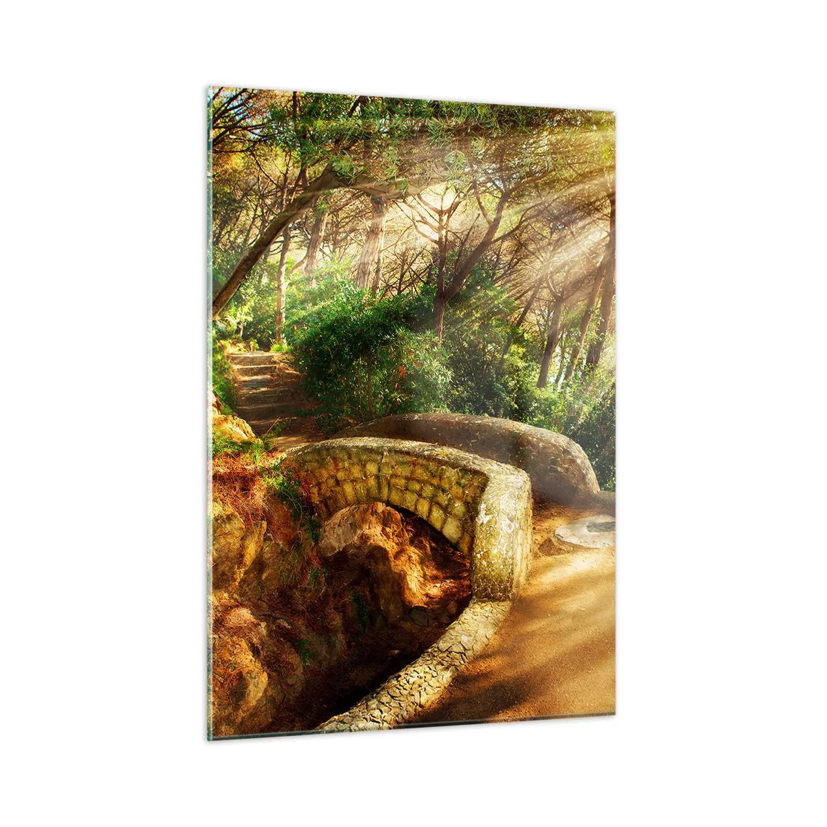 Cuadro sobre vidrio - Impresiones sobre Vidrio - Los rayos del sol iluminan el puente y el sendero del bosque. - 50x70cm - Directamente desde el puente hacia el bosque de las hadas - Decoración de pared moderna para salón y dormitorio ARTTOR