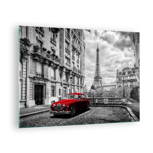 Cuadro sobre vidrio - Impresiones sobre Vidrio - Coche rojo frente a la Torre Eiffel en París en blanco y negro - 70x50cm - Un depredador en la ciudad - Decoración de pared moderna para salón y dormitorio ARTTOR
