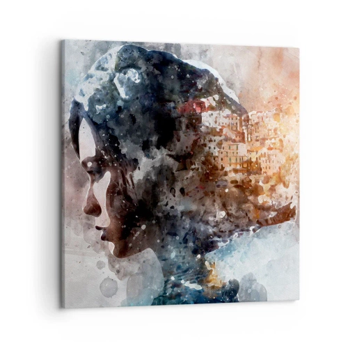 Cuadro sobre lienzo - Impresión de Imagen - Una historia sobre una niña con una ciudad de fondo - 50x50 cm