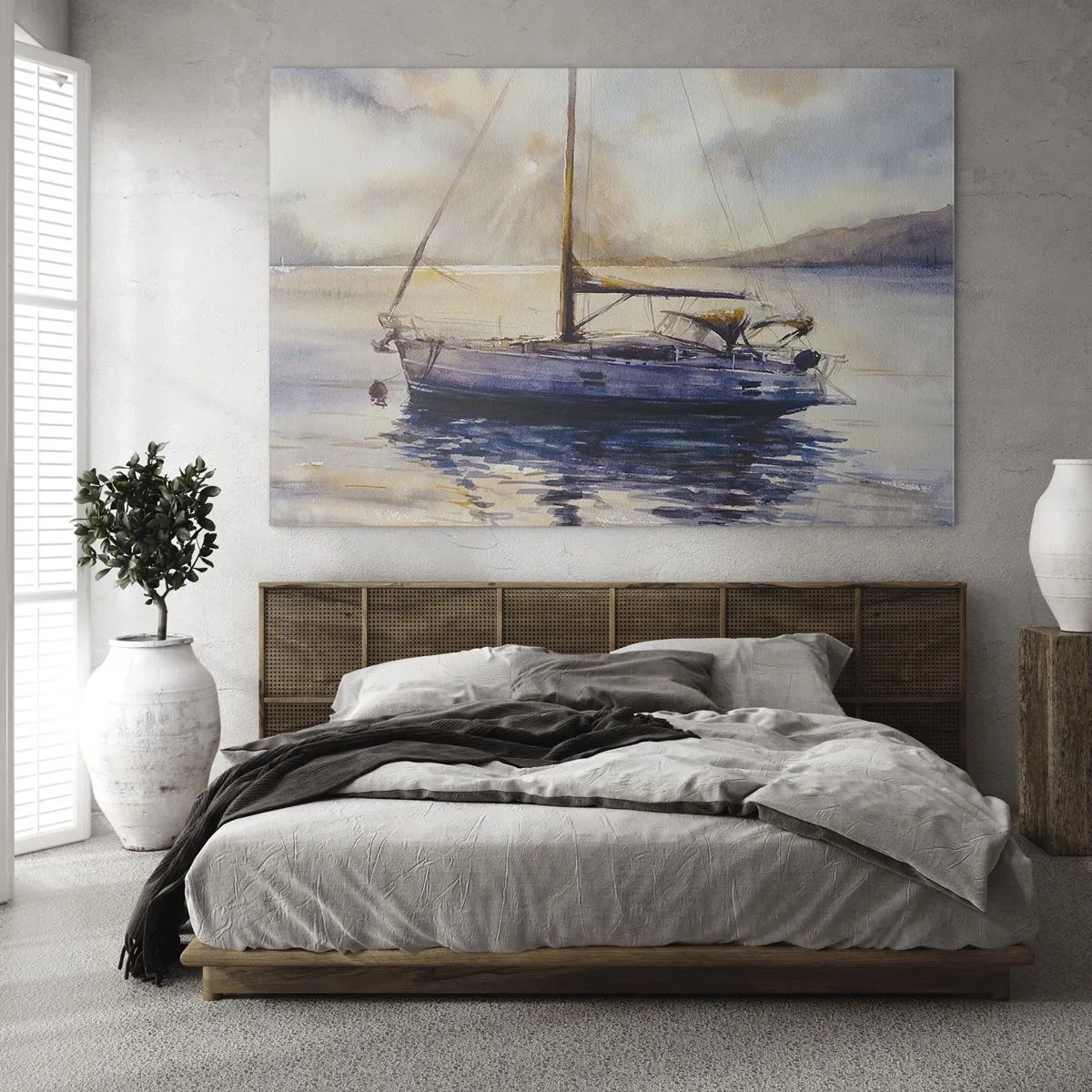 Cuadro sobre vidrio - Impresiones sobre Vidrio - Un yate amarrado en una bahía tranquila al anochecer. - 70x50cm - Atardecer en la bahía - Decoración de pared moderna para salón y dormitorio ARTTOR