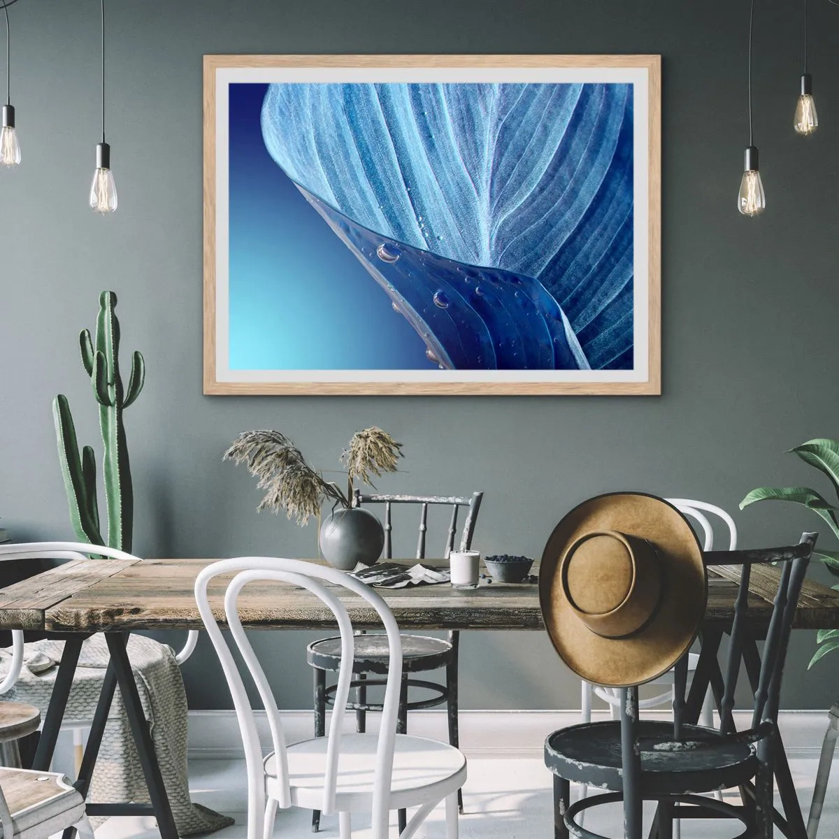 Póster en marco roble claro - Gotas ocultas de azul - 100x70 cm