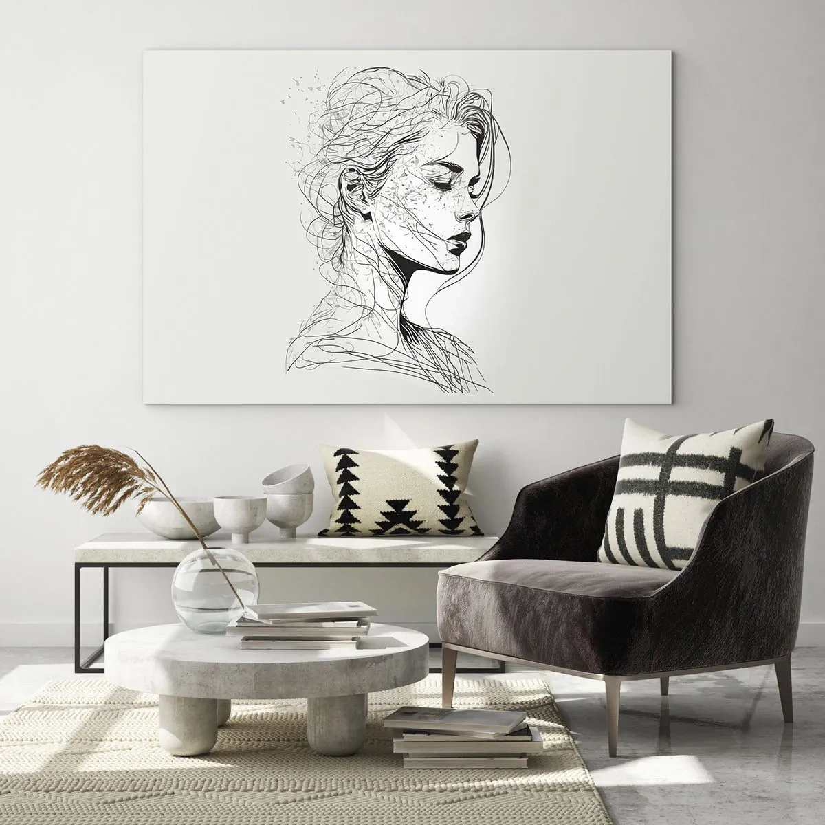 Cuadro sobre vidrio - Impresiones sobre Vidrio - Un boceto en blanco y negro de una mujer con los ojos cerrados en una línea delicada. - 70x50cm - Retrato de ensueño - Decoración de pared moderna para salón y dormitorio ARTTOR