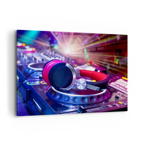 Cuadro sobre lienzo - Impresión de Imagen - Auriculares de DJ en una consola iluminada por focos en una fiesta - 100x70cm - Empieza la fiesta - Decoración de pared moderna para salón y dormitorio ARTTOR