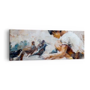 Cuadro sobre lienzo - Impresión de Imagen - Una niña alimentando pájaros en un estilo pictórico. - 140x50cm - Pequeños y dulces - Decoración de pared moderna para salón y dormitorio ARTTOR