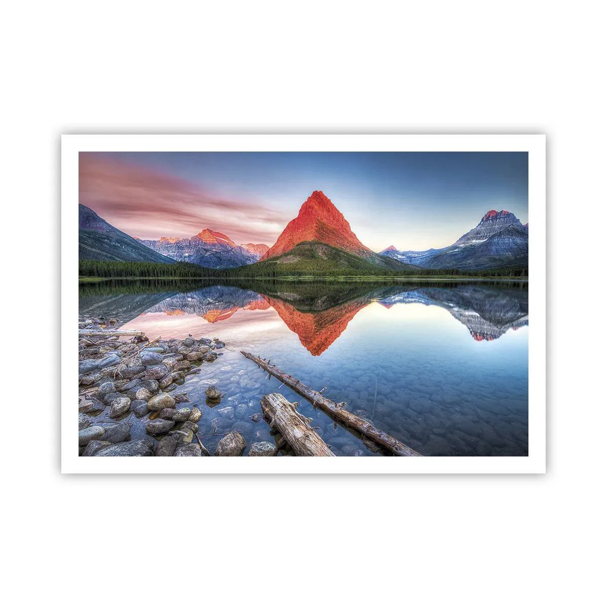 Póster - Una montaña reflejada en un lago al atardecer. - 100x70cm - Cálido y frío - Decoración de pared moderna para salón y dormitorio ARTTOR