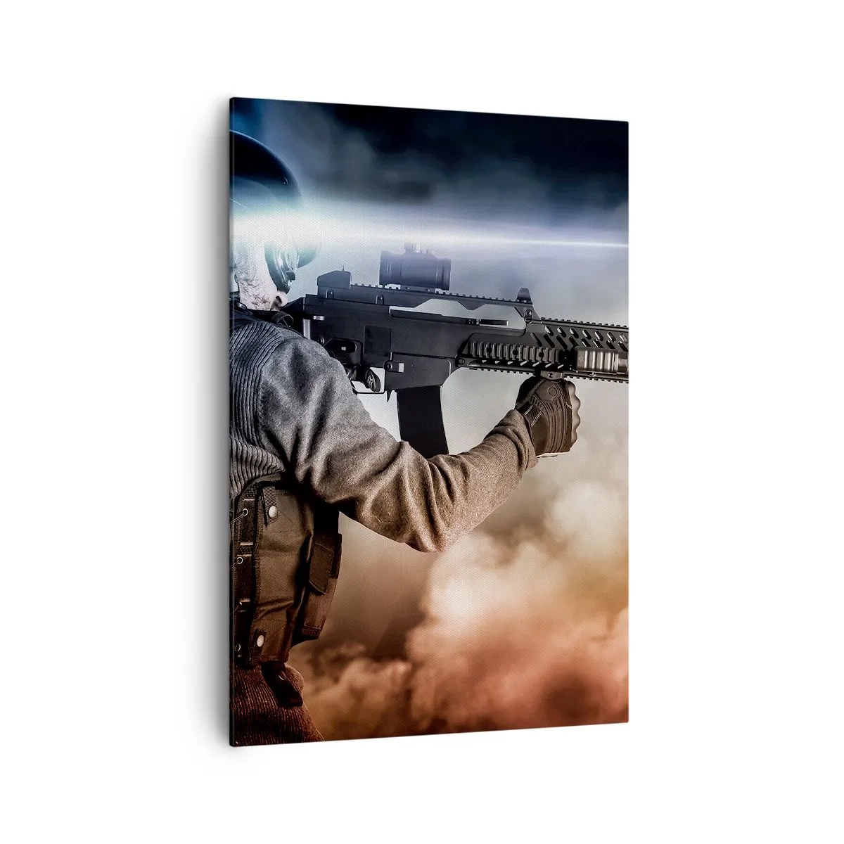 Cuadro sobre lienzo - Impresión de Imagen - Un soldado en acción con un rifle contra un fondo de nubes y luz. - 70x100cm - Luchador - Decoración de pared moderna para salón y dormitorio ARTTOR