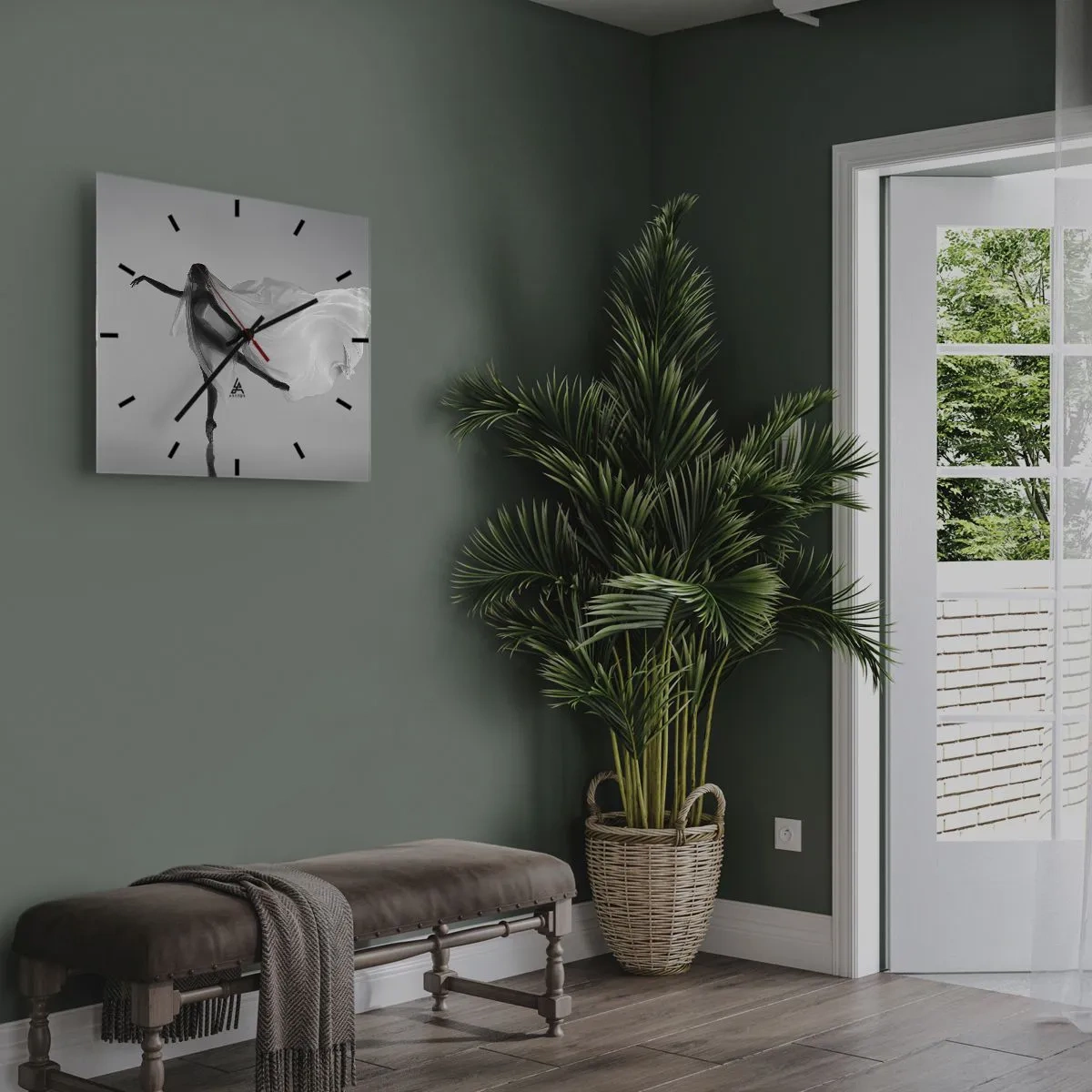 Reloj de pared - Reloj de vidrio - Una bailarina en una pose etérea con tela fluida. - 30x30cm - Ligereza y gracia - Decoración de pared moderna para salón y dormitorio ARTTOR