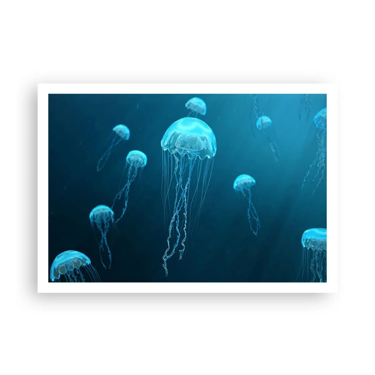 Póster - Medusas flotando en las profundidades del océano en tonos azules. - 100x70cm - Danza oceánica - Decoración de pared moderna para salón y dormitorio ARTTOR