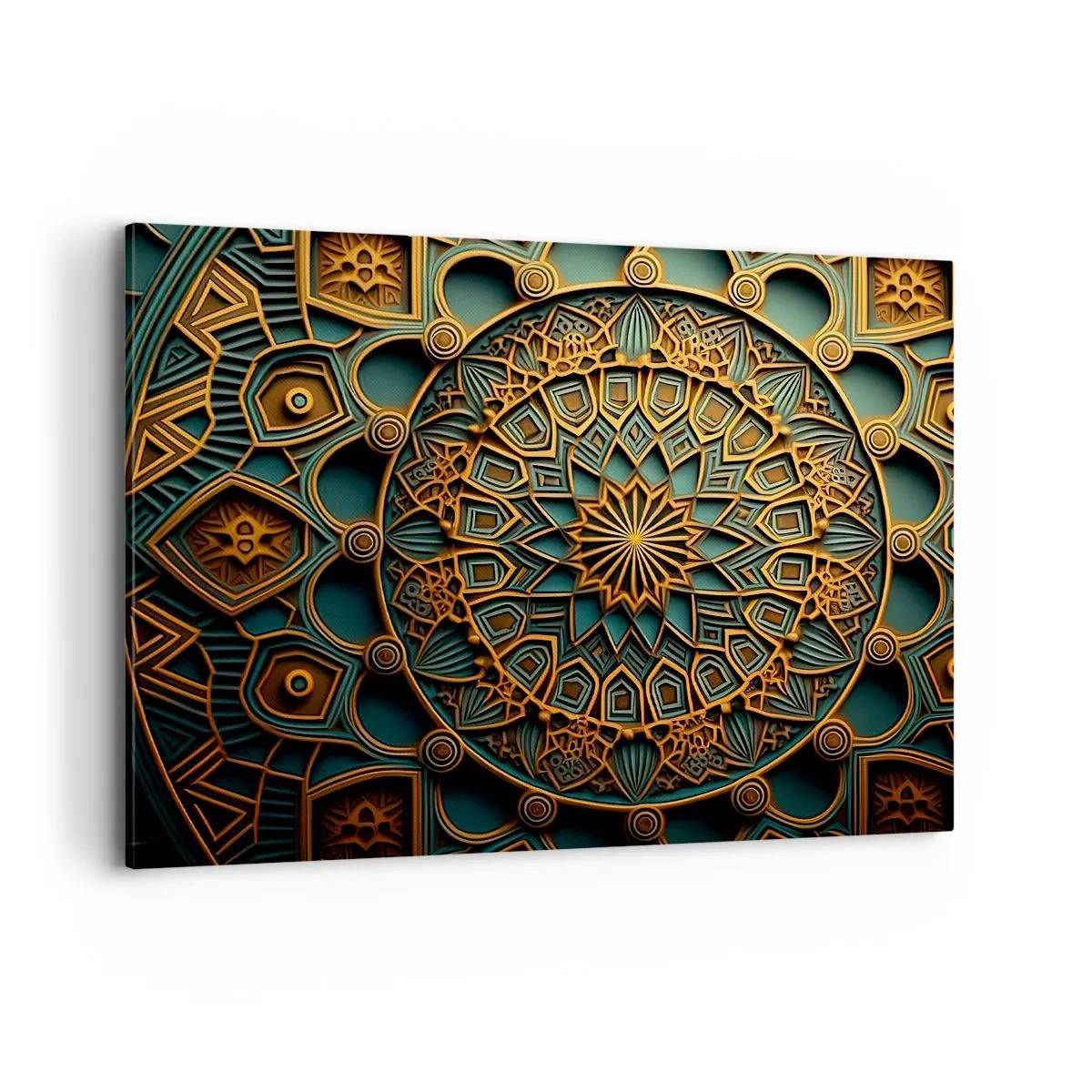 Cuadro sobre lienzo - Impresión de Imagen - Un mandala dorado sobre un fondo turquesa con ricos detalles. - 100x70cm - En un clima árabe - Decoración de pared moderna para salón y dormitorio ARTTOR