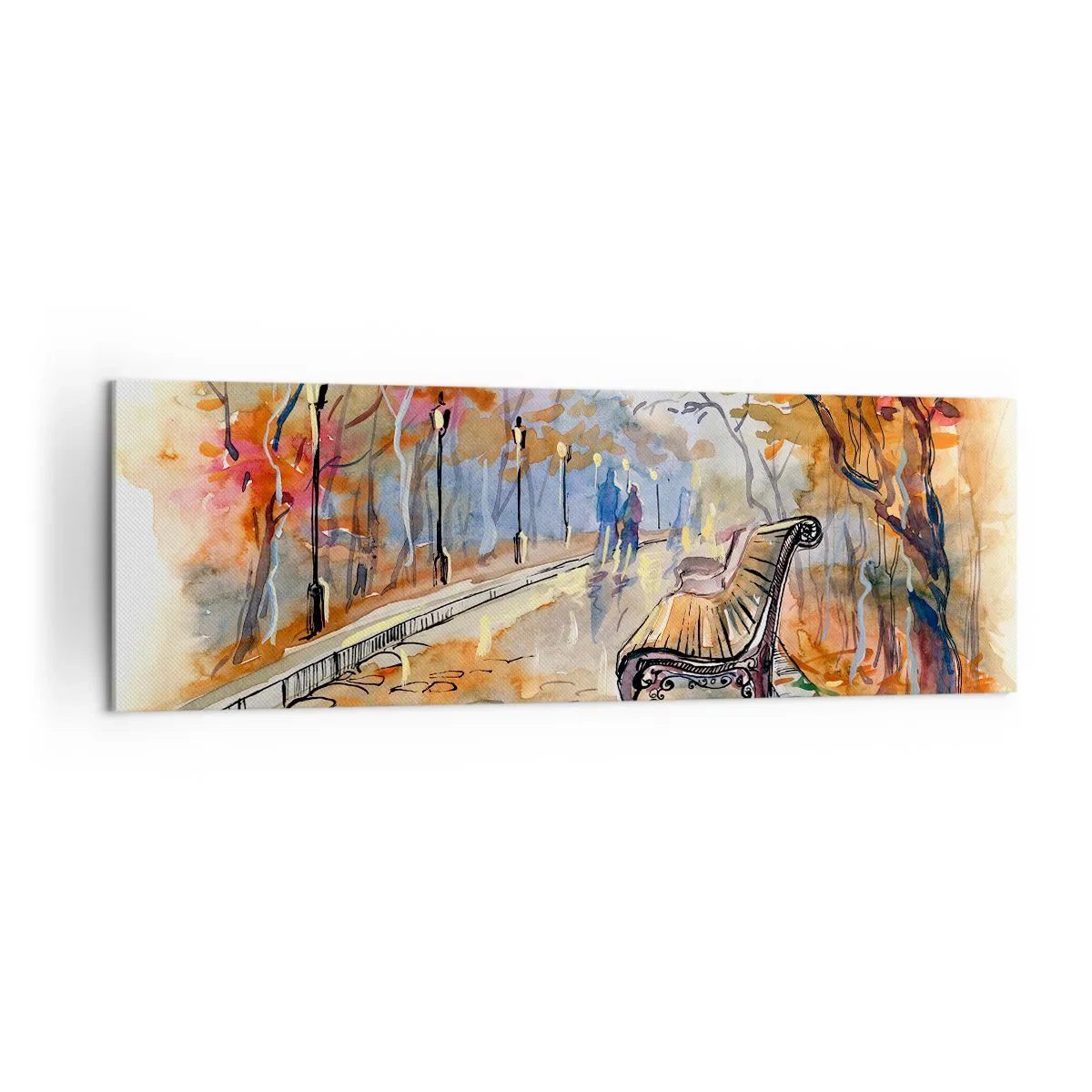 Cuadro sobre lienzo - Impresión de Imagen - Un parque otoñal con un banco en acuarela. - 160x50cm - Caminemos juntos hacia el otoño - Decoración de pared moderna para salón y dormitorio ARTTOR