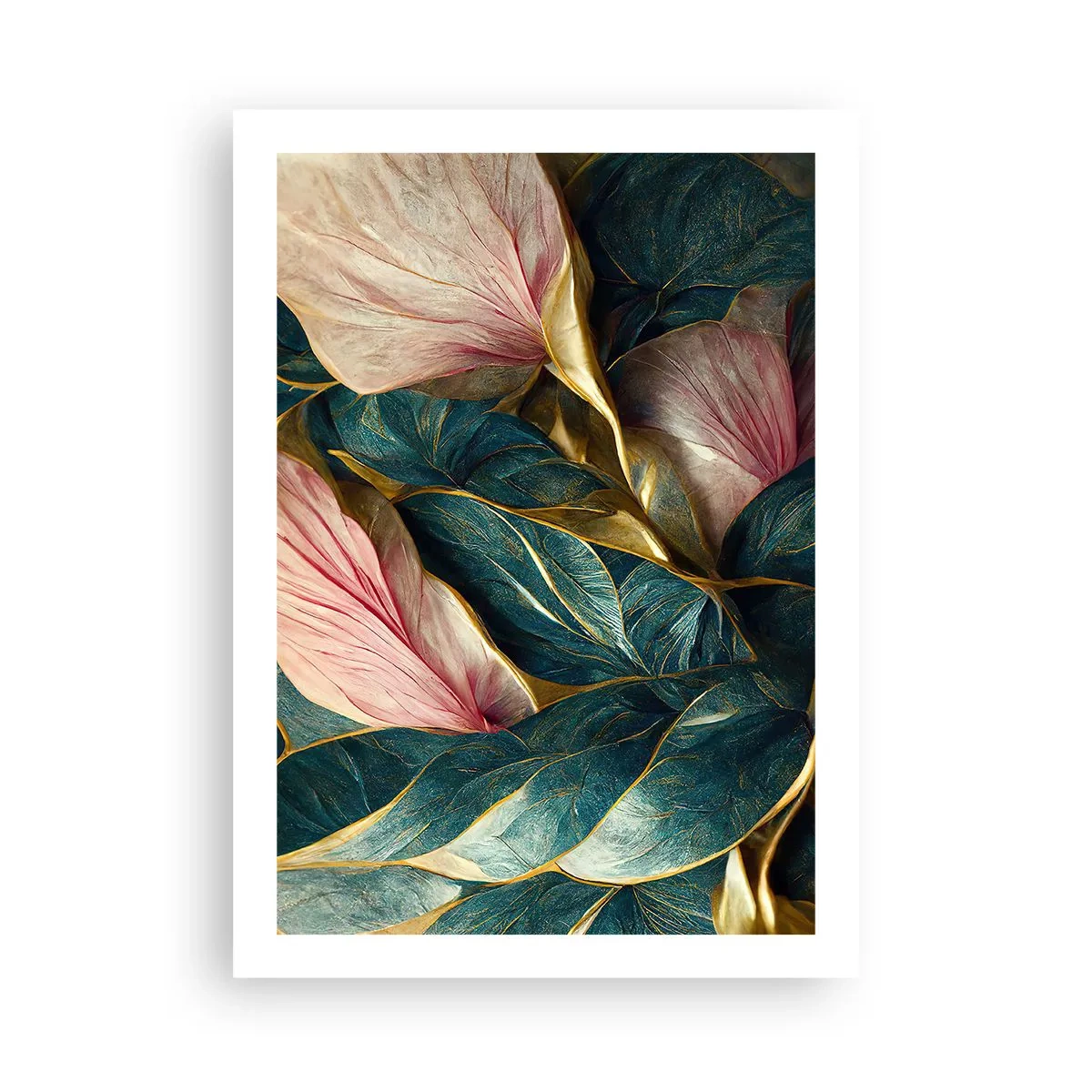 Póster - Una elegante composición de hojas en tonos verdes, dorados y rosas. - 50x70cm - Elegancia y estilo naturales - Decoración de pared moderna para salón y dormitorio ARTTOR