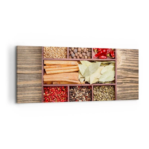 Cuadro sobre lienzo - Impresión de Imagen - Caja de madera con varias especias en compartimentos. - 120x50cm - Orden de formas, composición de aromas - Decoración de pared moderna para salón y dormitorio ARTTOR