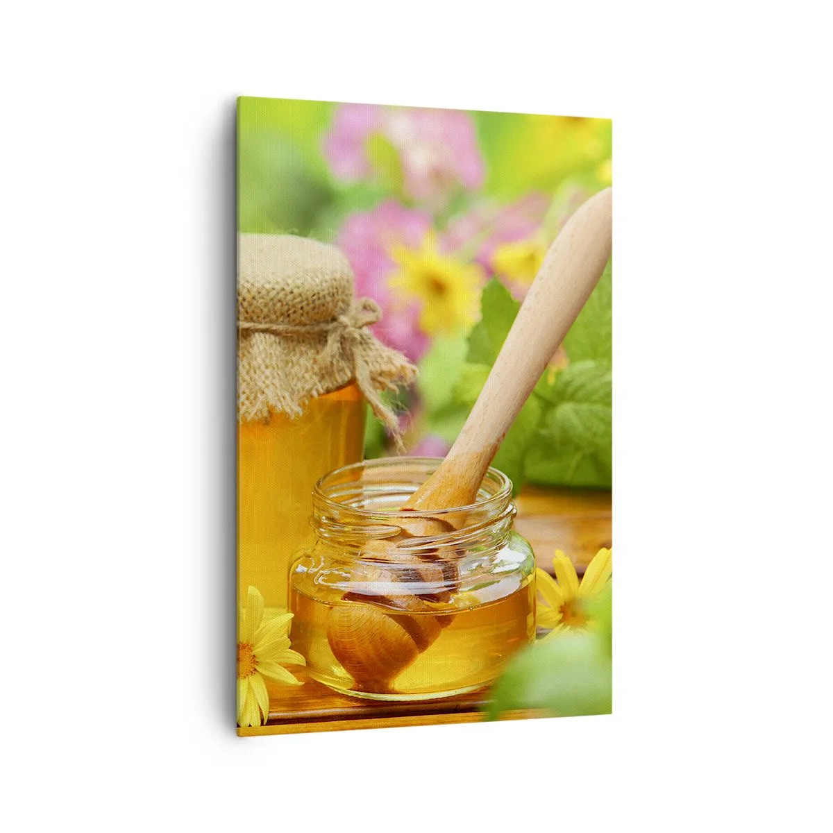 Cuadro sobre lienzo - Impresión de Imagen - Tarros de miel con flores sobre el fondo de un jardín de verano. - 80x120cm - Dulce y floral - Decoración de pared moderna para salón y dormitorio ARTTOR