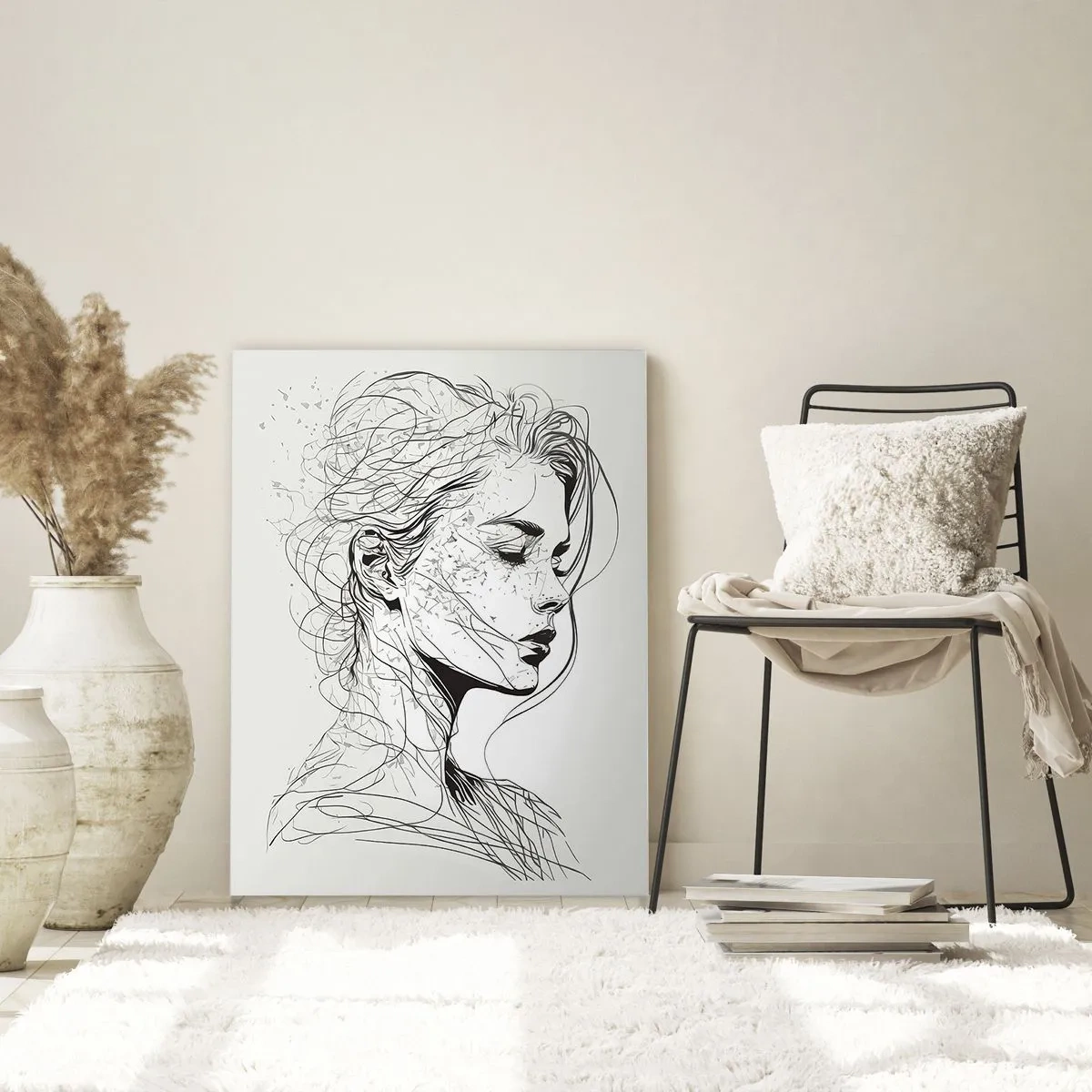 Cuadro sobre vidrio - Impresiones sobre Vidrio - Un boceto en blanco y negro de una mujer con los ojos cerrados en una línea delicada. - 50x70cm - Retrato de ensueño - Decoración de pared moderna para salón y dormitorio ARTTOR