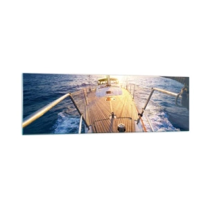 Cuadro sobre vidrio - Impresiones sobre Vidrio - Yate en el mar durante la puesta de sol - 160x50cm - Corriendo sobre las olas - Decoración de pared moderna para salón y dormitorio ARTTOR