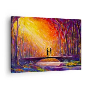Cuadro sobre lienzo - Impresión de Imagen - Pareja romántica en un puente en el bosque otoñal - 70x50cm - El cielo también los ama - Decoración de pared moderna para salón y dormitorio ARTTOR