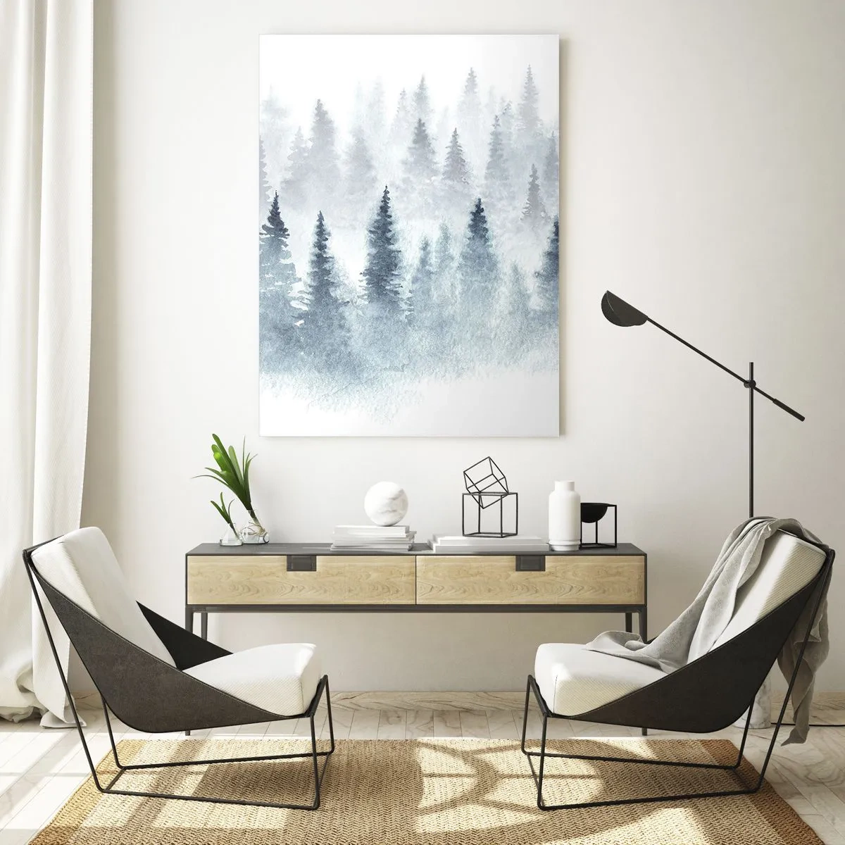 Cuadro sobre vidrio - Impresiones sobre Vidrio - Bosques de coníferas bañados por una delicada niebla. - 80x120cm - Envuelto en la niebla - Decoración de pared moderna para salón y dormitorio ARTTOR