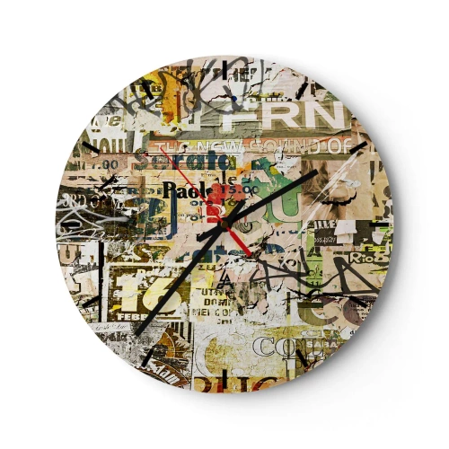 Reloj de pared - Reloj de vidrio - Una composición de muchas capas de carteles e inscripciones antiguas. - 30x30cm - Oh, está sucediendo... - Decoración de pared moderna para salón, cocina y dormitorio ARTTOR