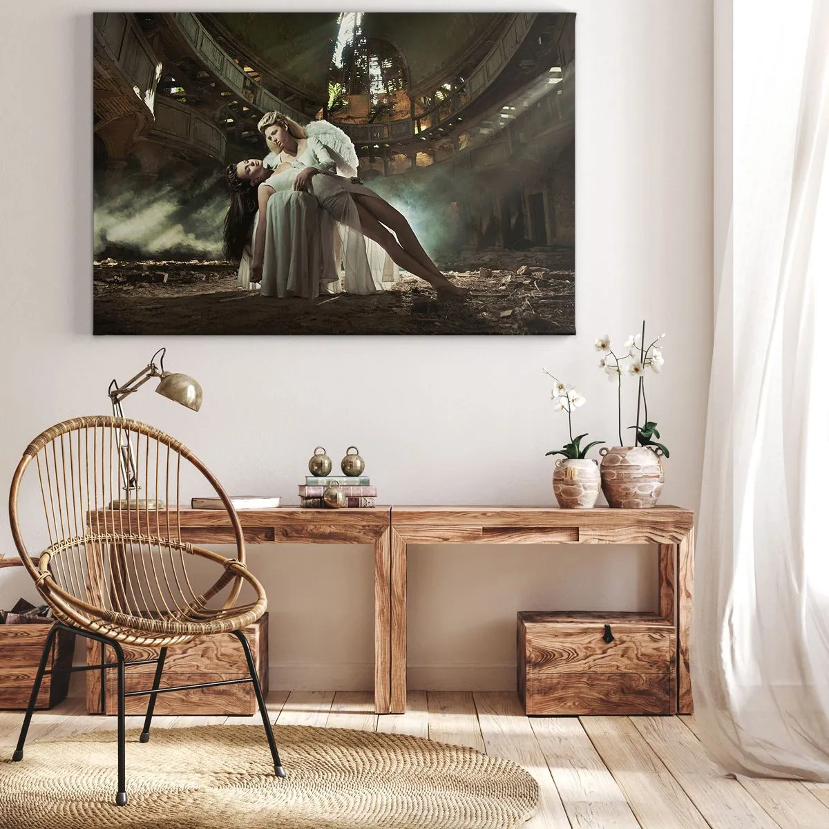 Cuadro sobre lienzo - Impresión de Imagen - Dos figuras en ruinas con un juego de luces. - 100x70cm - El espíritu del viejo teatro - Decoración de pared moderna para salón y dormitorio ARTTOR