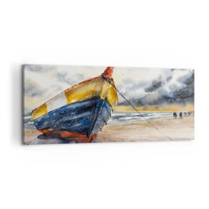 Cuadro sobre lienzo - Impresión de Imagen - Un pintoresco barco en la playa bajo un cielo nublado. - 120x50cm - Descansando en la orilla - Decoración de pared moderna para salón y dormitorio ARTTOR