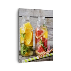 Cuadro sobre lienzo - Impresión de Imagen - Botellas de agua de frutas y hierbas sobre un fondo de madera. - 50x70cm - Saludable por naturaleza - Decoración de pared moderna para salón y dormitorio ARTTOR