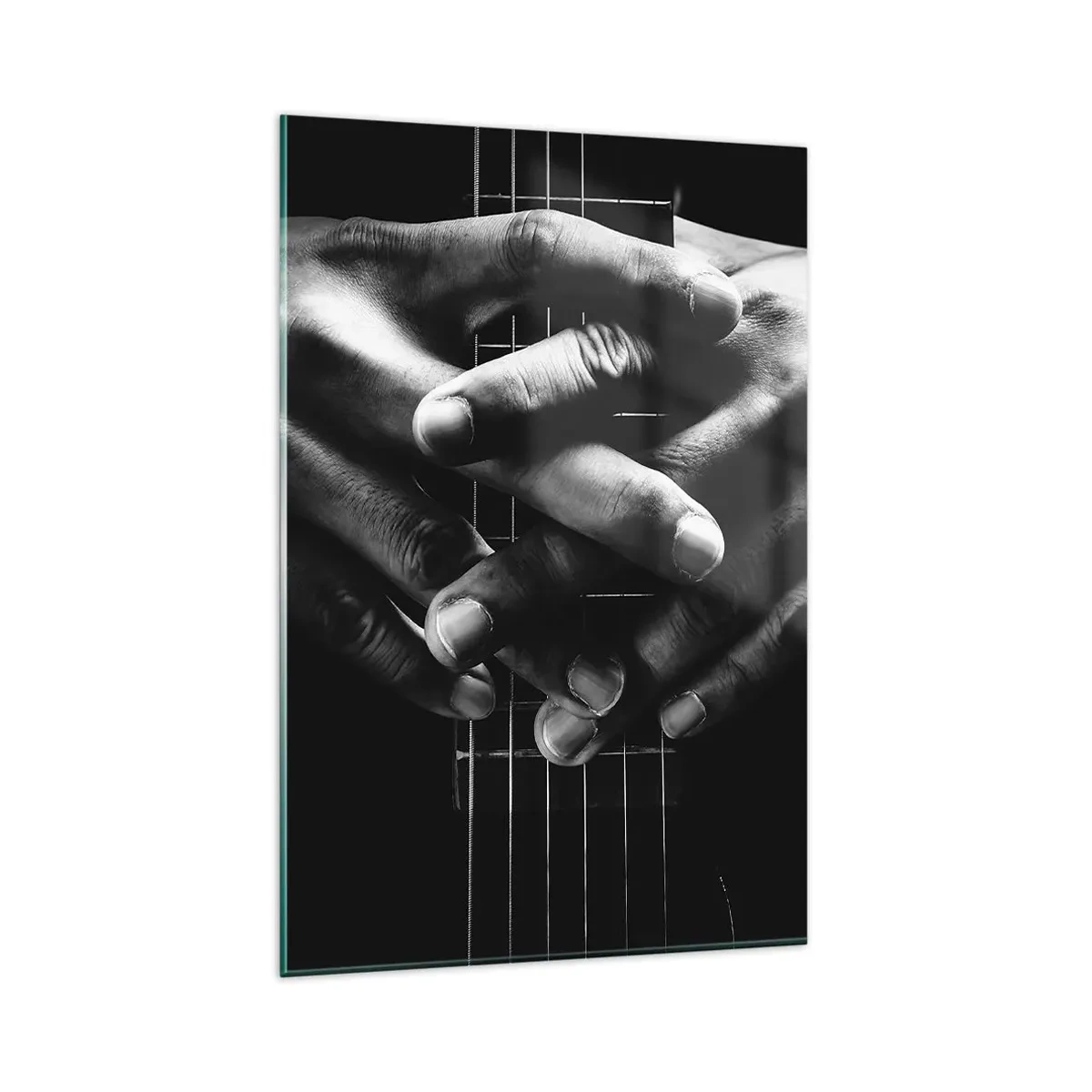 Cuadro sobre vidrio - Impresiones sobre Vidrio - Manos unidas sobre una guitarra en un tono monocromático. - 80x120cm - La oración del artista - Decoración de pared moderna para salón y dormitorio ARTTOR