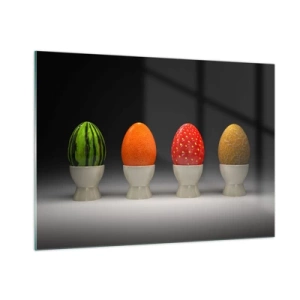 Cuadro sobre vidrio - Impresiones sobre Vidrio - Huevos en cáscaras de fruta en un soporte - 100x70cm - Desayuno de frutas - Decoración de pared moderna para salón y dormitorio ARTTOR