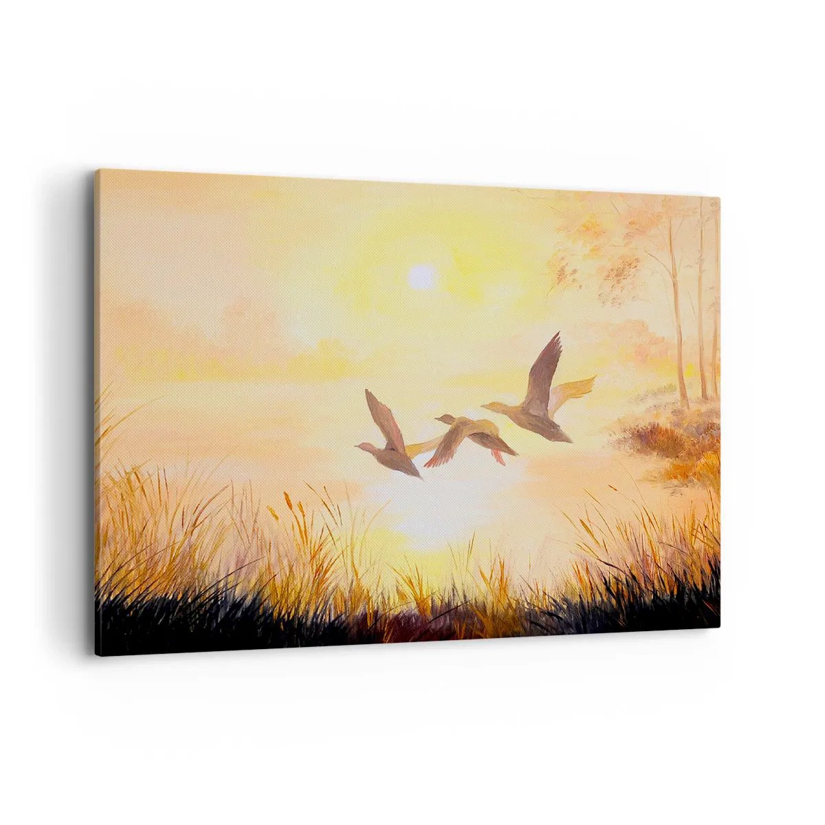 Cuadro sobre lienzo - Impresión de Imagen - Patos volando al amanecer sobre el lago - 100x70cm - El comienzo de un largo viaje - Decoración de pared moderna para salón y dormitorio ARTTOR