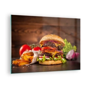 Cuadro sobre vidrio - Impresiones sobre Vidrio - Hamburguesa jugosa con aderezos y papas fritas sobre un fondo de madera. - 70x50cm - Fruta prohibida - Decoración de pared moderna para salón y dormitorio ARTTOR